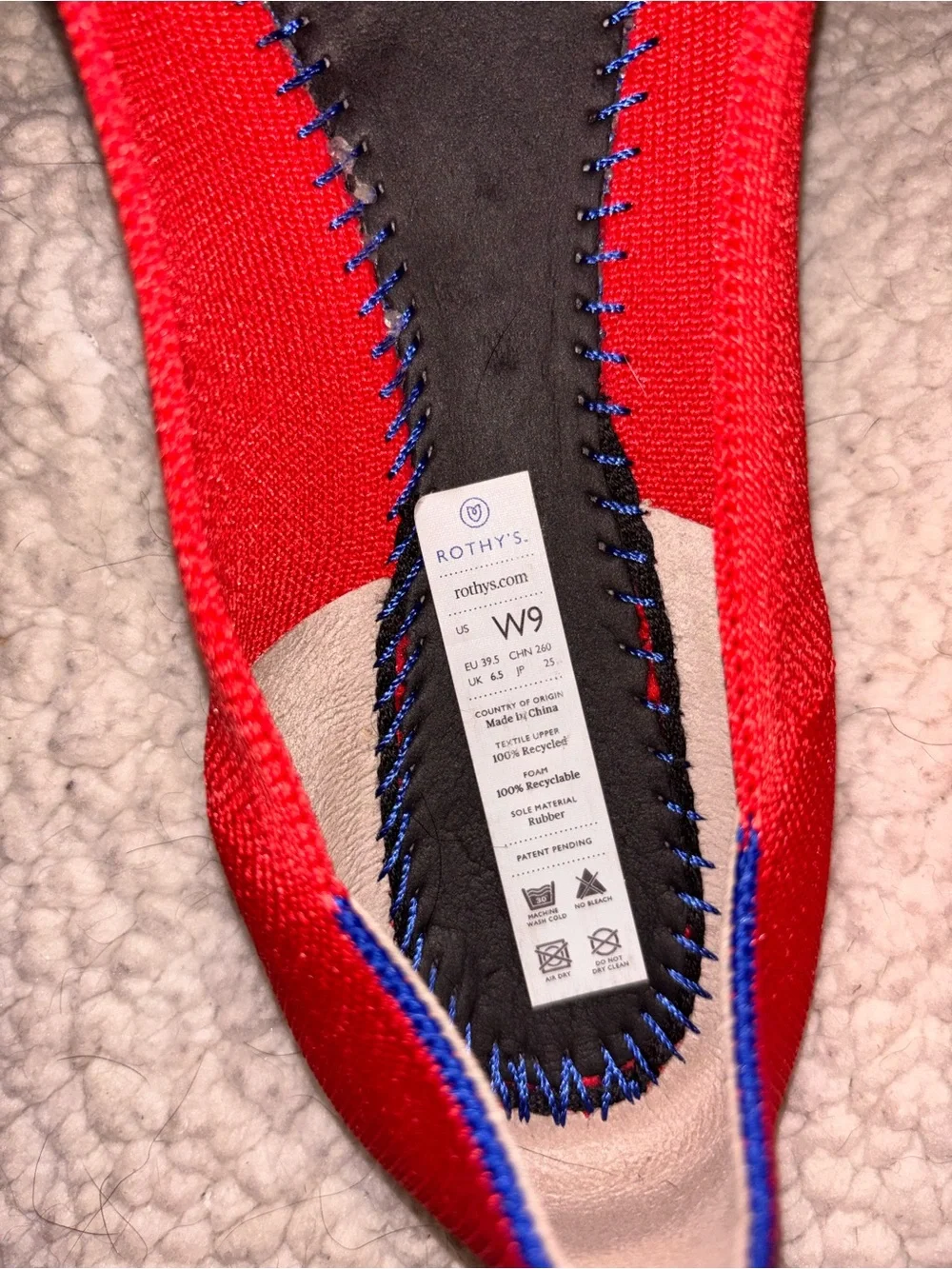 Rothy’s The Point Red Cobalt Blue Trim Pointed Flats Women’s Size 9 US